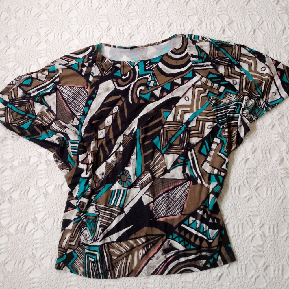 Lafayette 148 T shirt Pull Over Top Colorful Art Print Short Sleeve XL Women